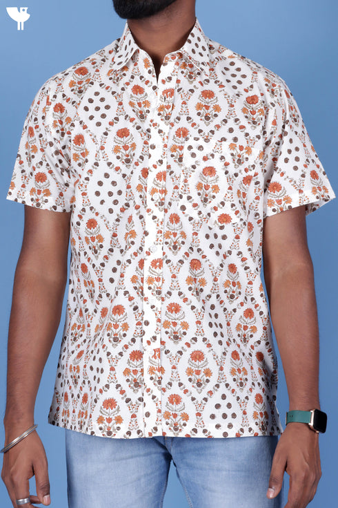 Regular Fit Cambric Cotton Men’s Half Sleeved Shirt In Block Print