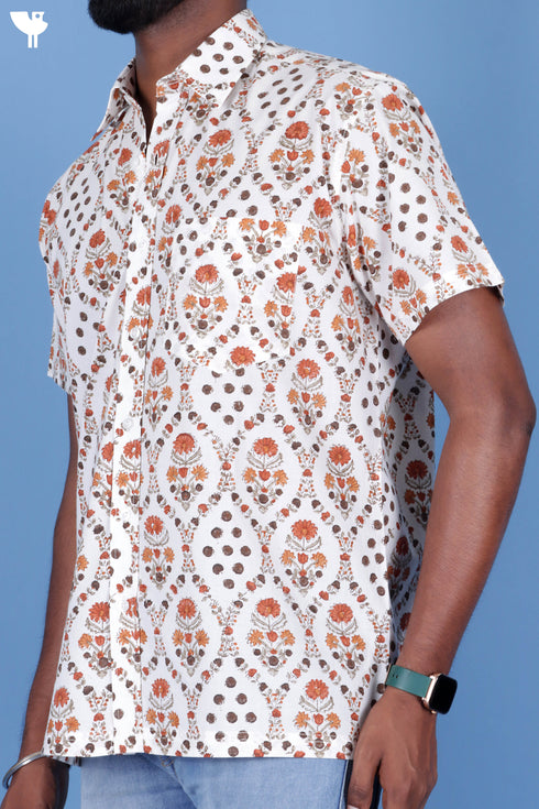 Regular Fit Cambric Cotton Men’s Half Sleeved Shirt In Block Print