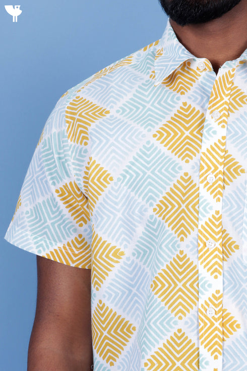 Regular Fit Cambric Cotton Men’s Half Sleeved Shirt In Graphic Block Print