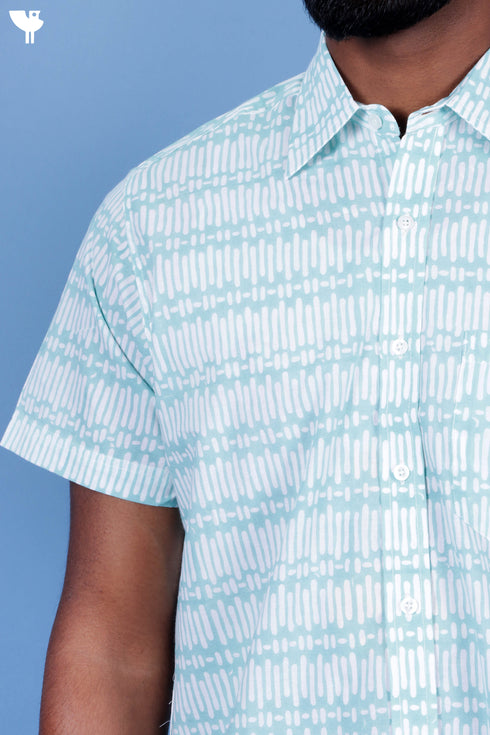 Regular Fit Cambric Cotton Men’s Half Sleeved Shirt In Graphic Block Print