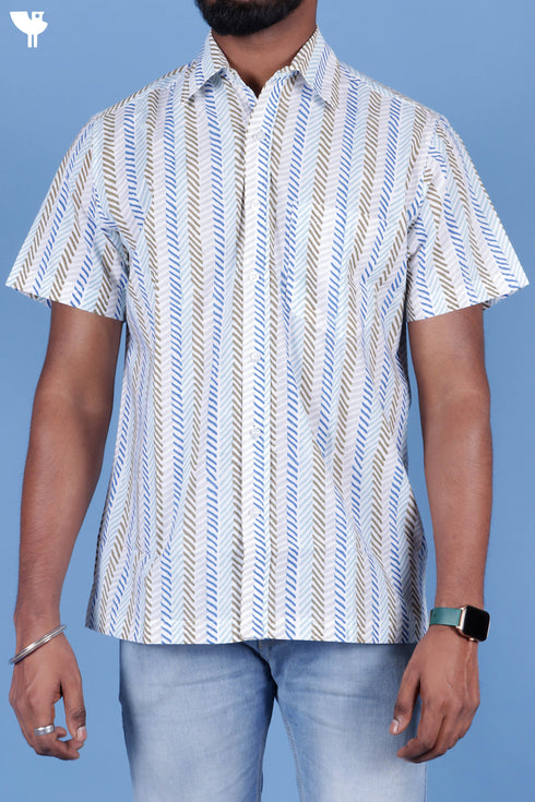 Regular Fit Cambric Cotton Men’s Half Sleeved Shirt In Graphic Block Print