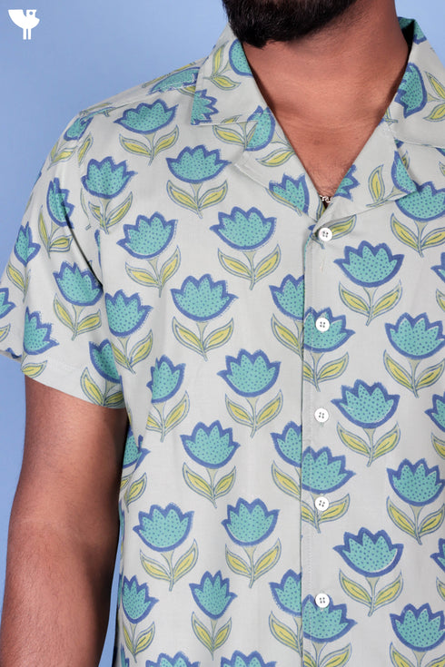 Blended Cotton Men’s Bush Shirt In Block Print