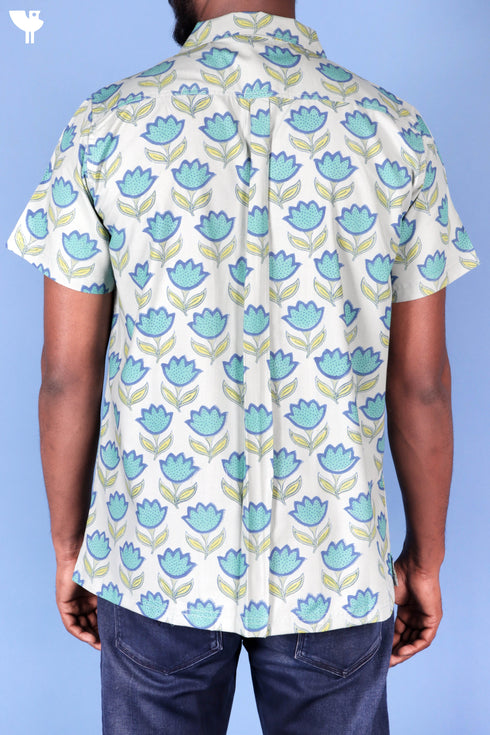 Blended Cotton Men’s Bush Shirt In Block Print