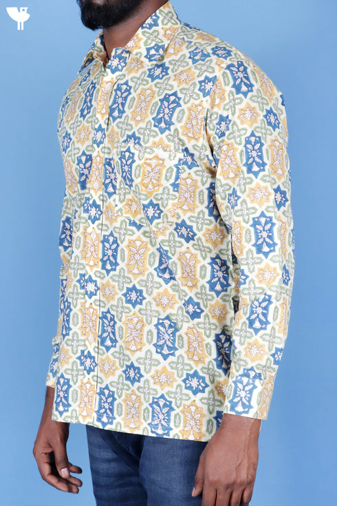 Regular Fit Cotton Men’s Full Sleeved Shirt In Block Print