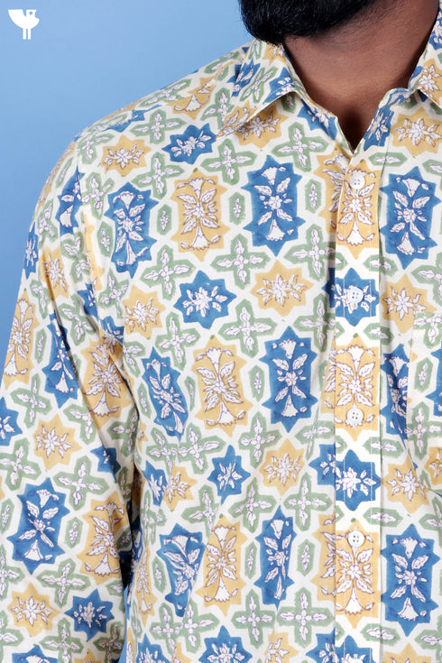 Regular Fit Cotton Men’s Full Sleeved Shirt In Block Print