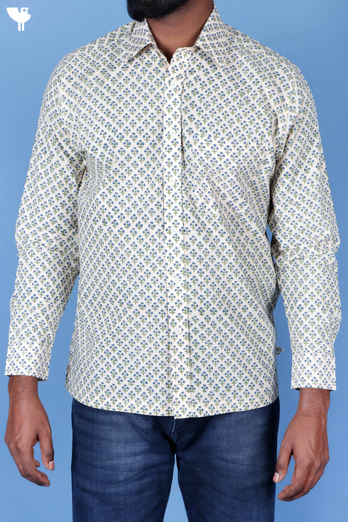 Regular Fit Cotton Men’s Full Sleeved Shirt In Block Print