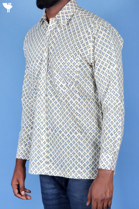 Regular Fit Cotton Men’s Full Sleeved Shirt In Block Print
