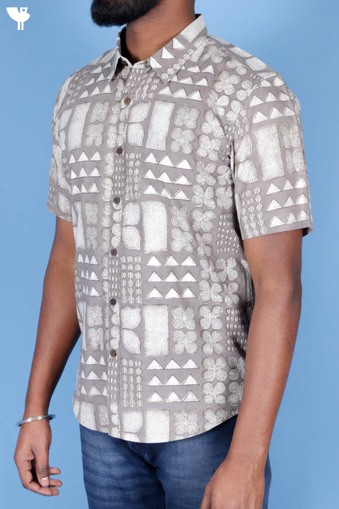 Regular Fit Shirt Cotton Men’s Half Sleeved Shirt In Block Print