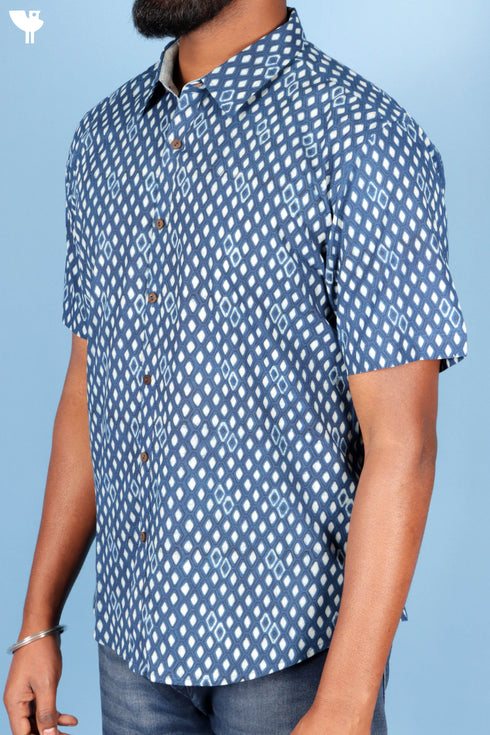 Regular Fit Shirt Cotton Men’s Half Sleeved Shirt In Block Print