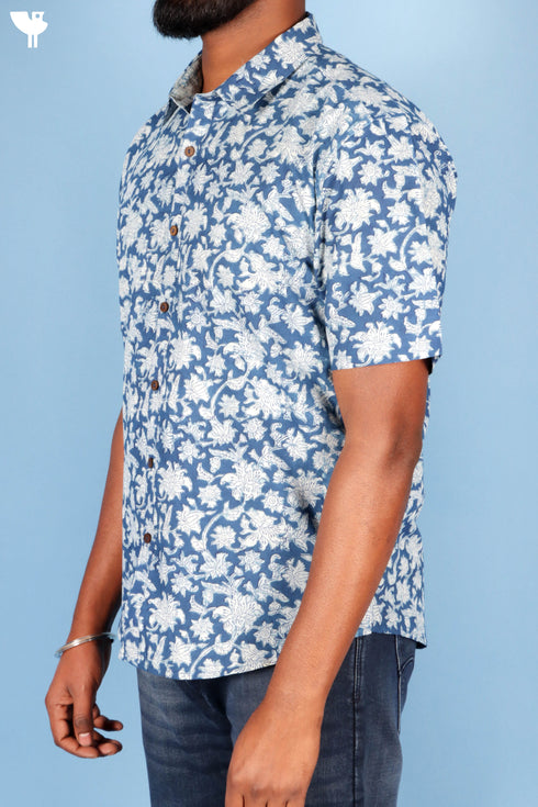 Regular Fit Shirt Cotton Men’s Half Sleeved Shirt In Block Print