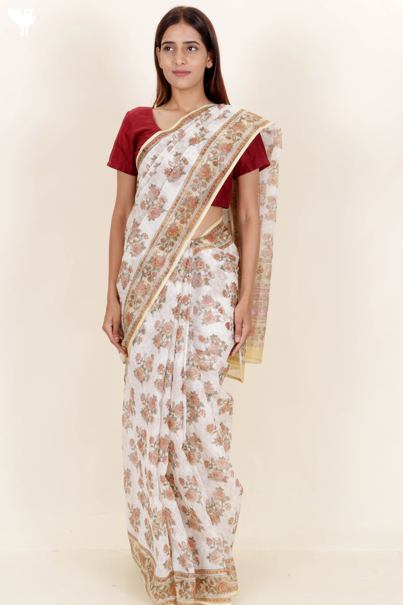 Kota Doria Saree in Floral Block Print