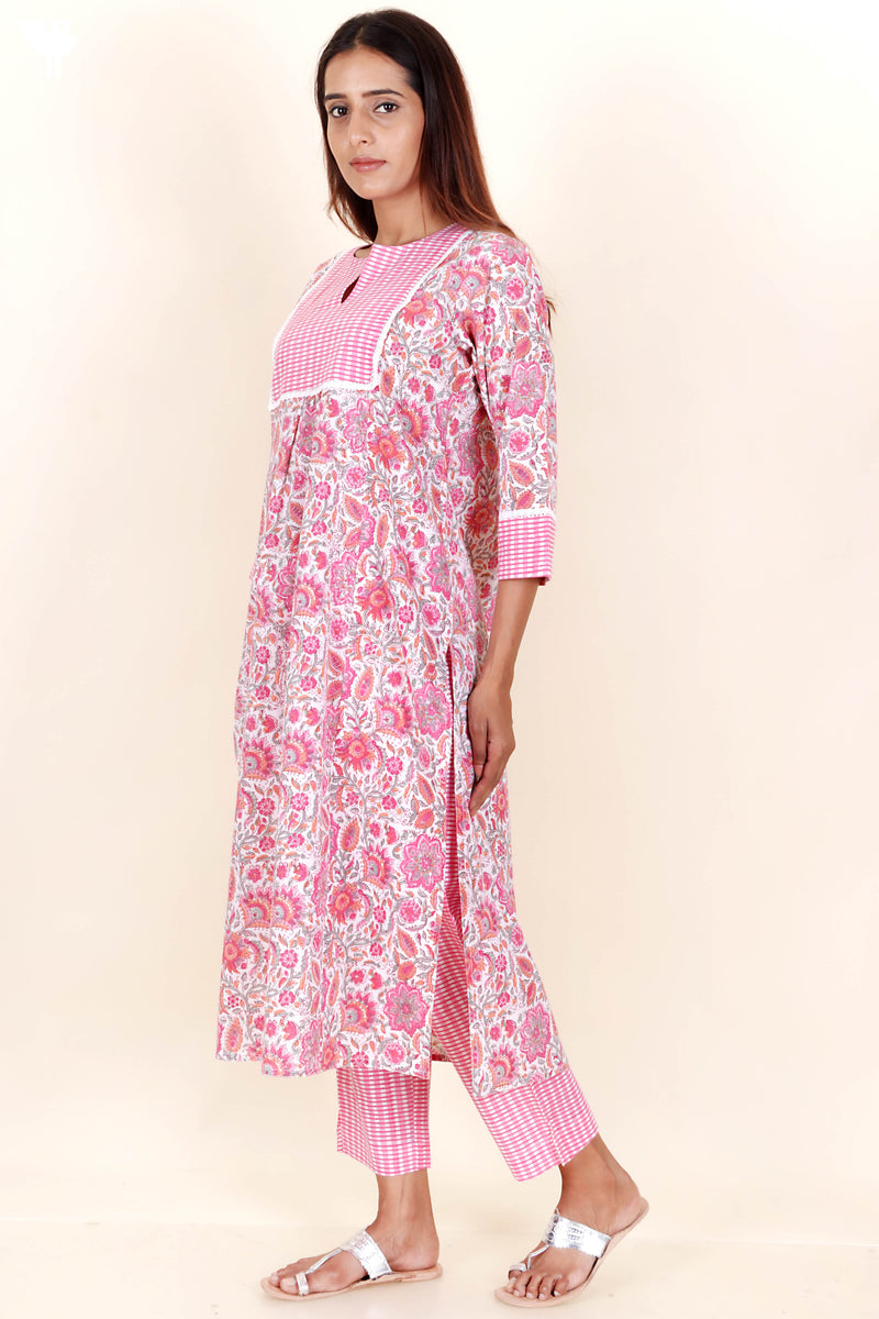 Cotton Kurta Pant Set With Dupatta In Block Print