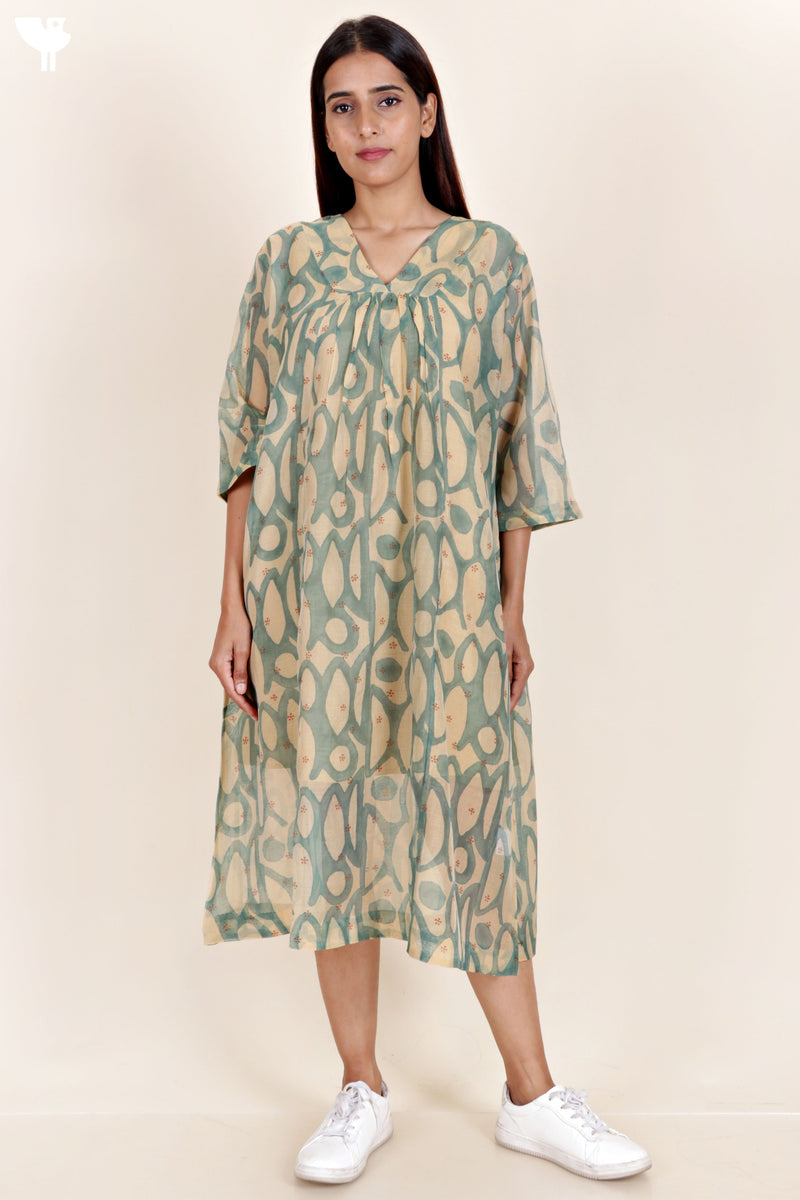 Chanderi Silk Dress With Slip In Floral Block Print