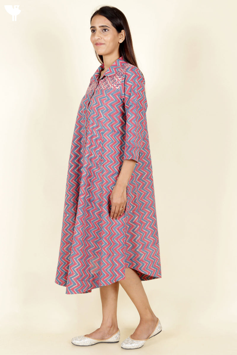 Slub Cotton Dress In Block Print
