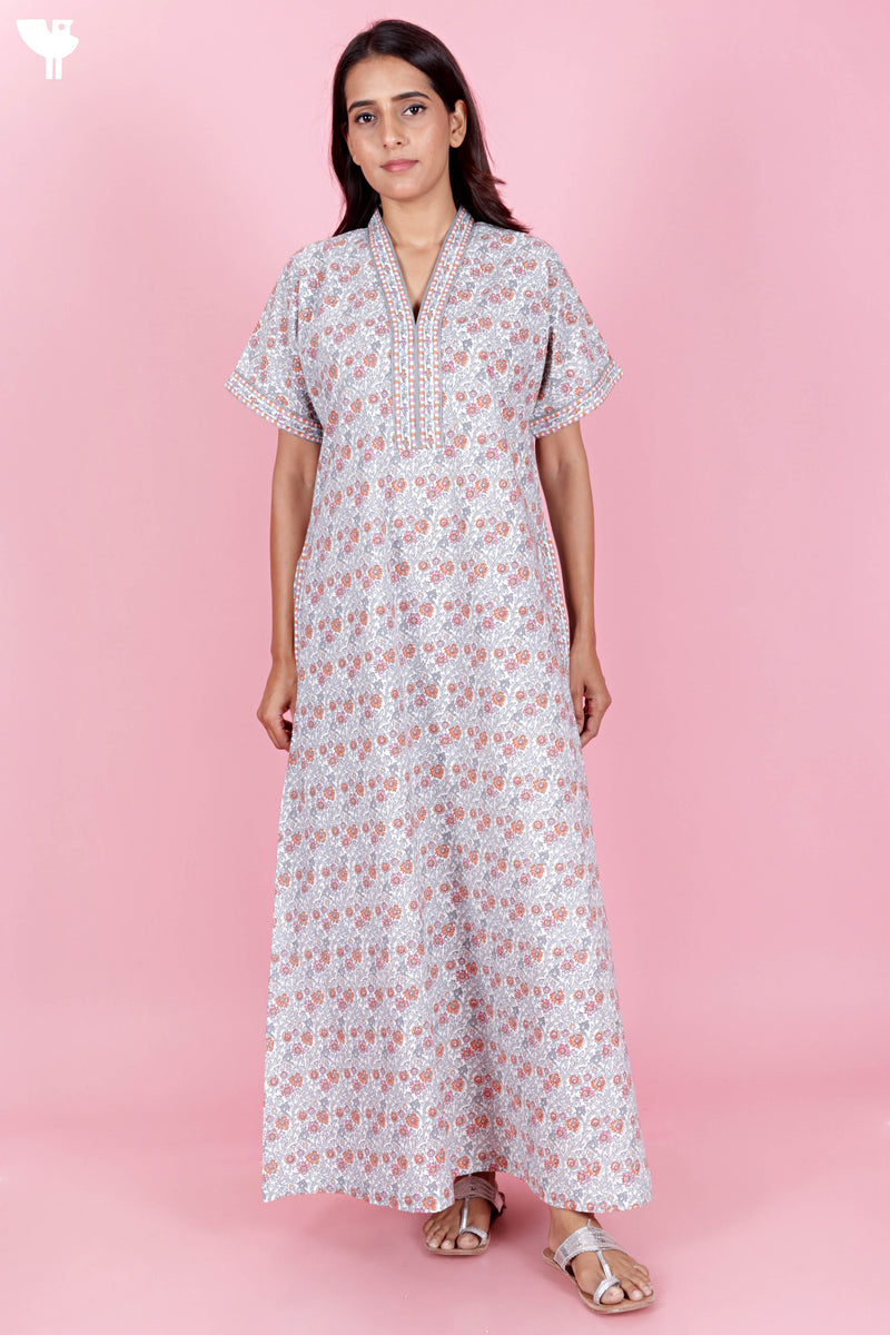 60’s Cotton Short Sleeve Kaftan In Floral Print