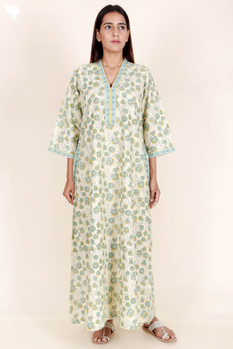 60’s Cotton Full Sleeved Kaftan In Floral Print