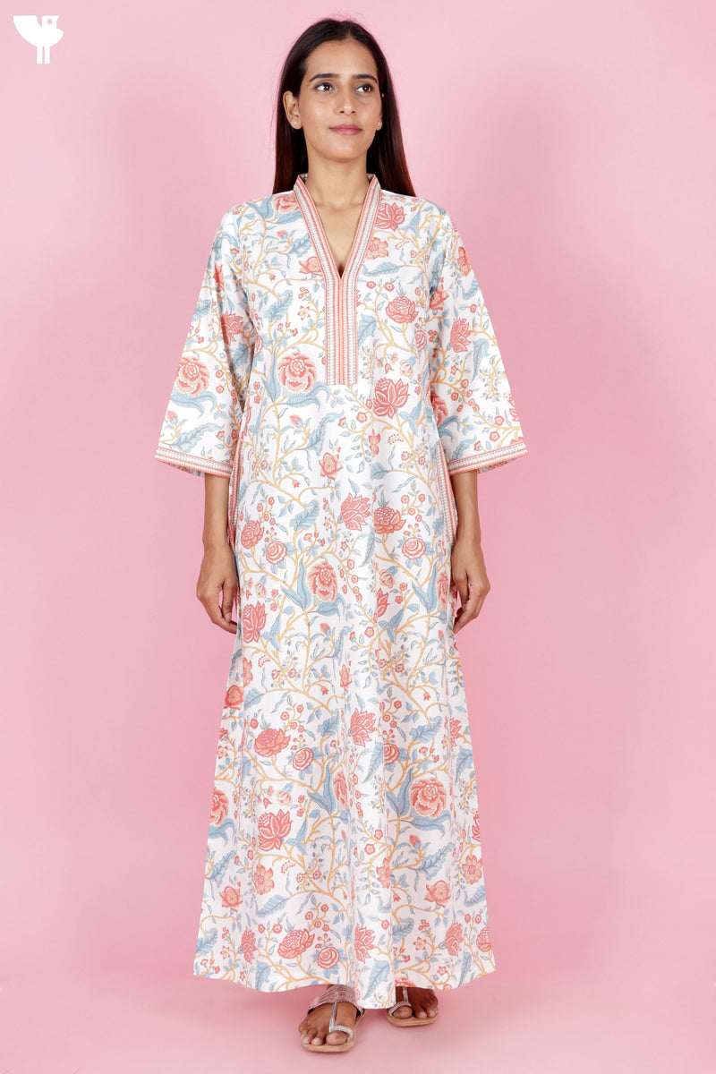 60’s Cotton Full Sleeved Kaftan In Floral Print