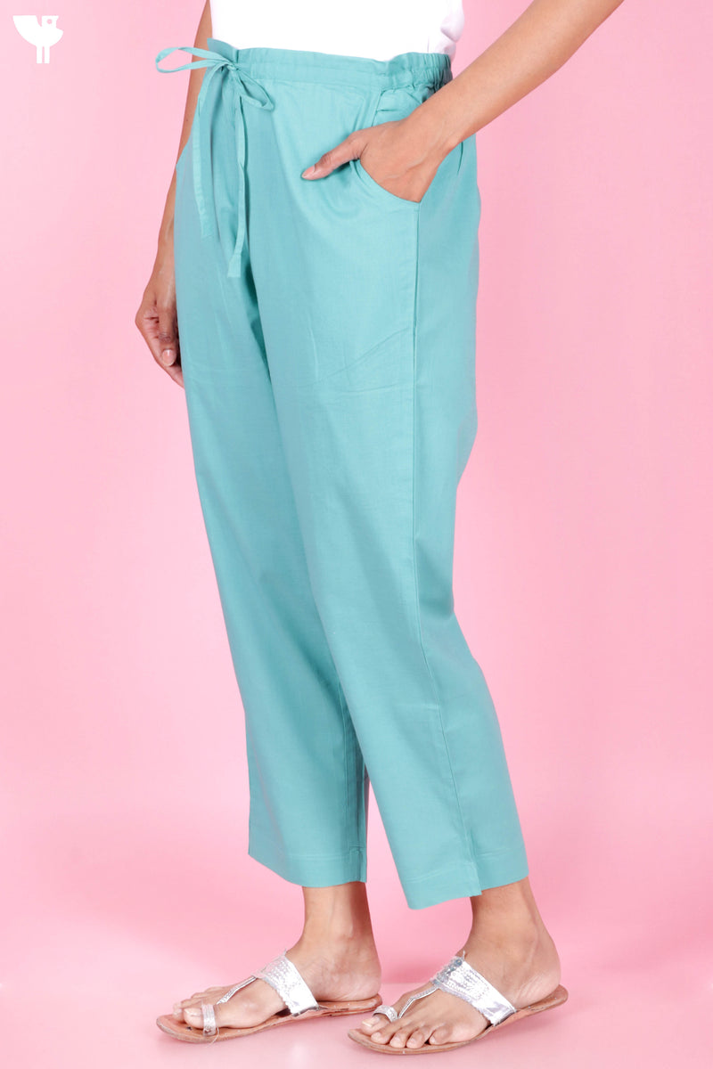 Cambric Cotton Pants In Turquoise Blue