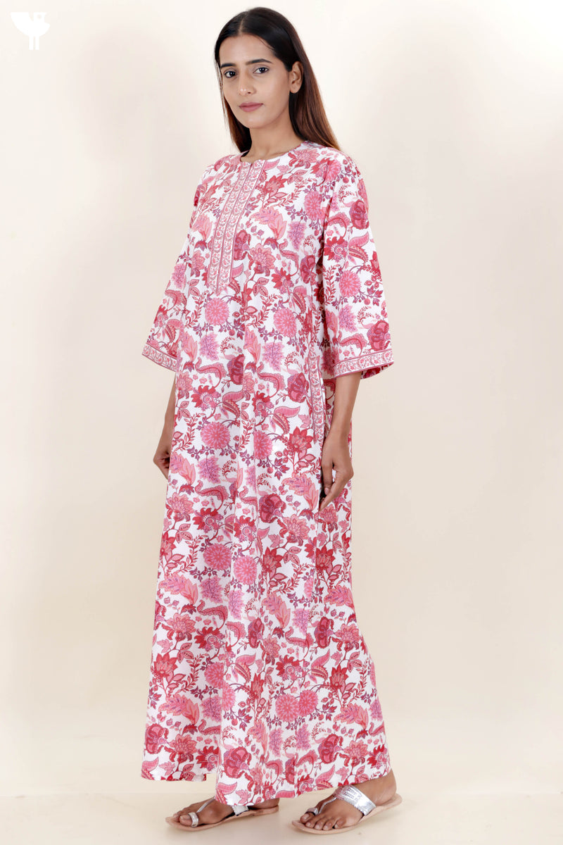 60’s Cotton Zipper Kaftan In Floral Print